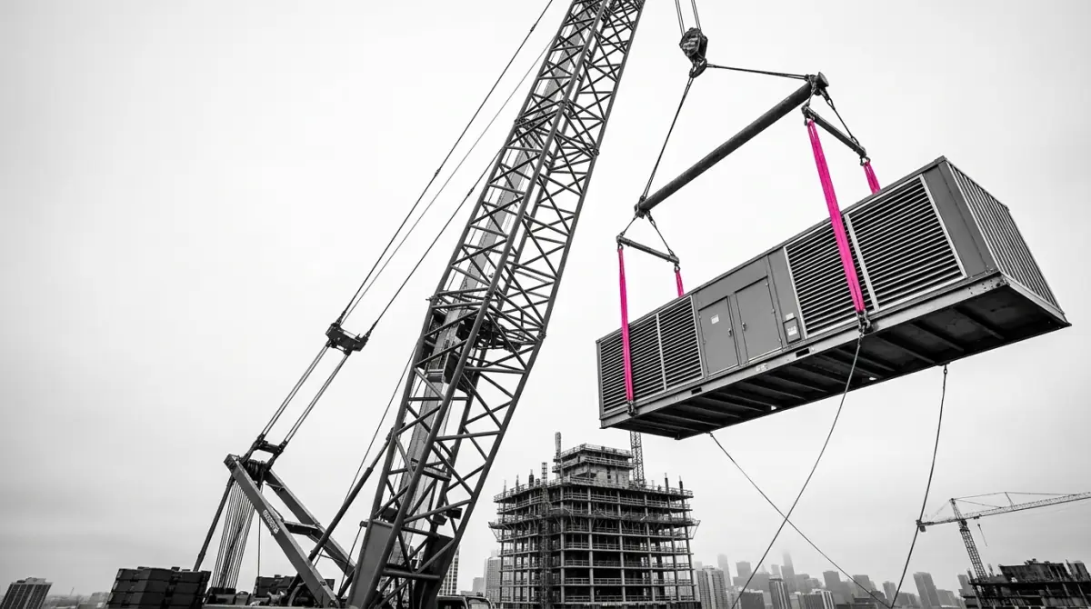 A crawler crane lifting a large commercial makeup air unit in pink rigging straps above a Chicago high-rise construction site