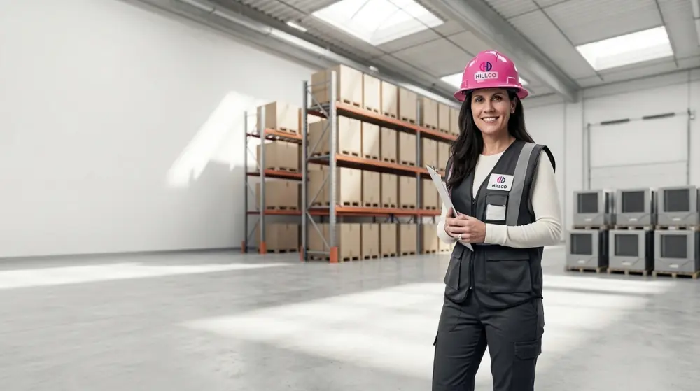 Nikki Liddy, owner of Hillco Distributing, in a pink Hillco hard hat and branded vest holding a clipboard in the company's Chicago HVAC equipment warehouse