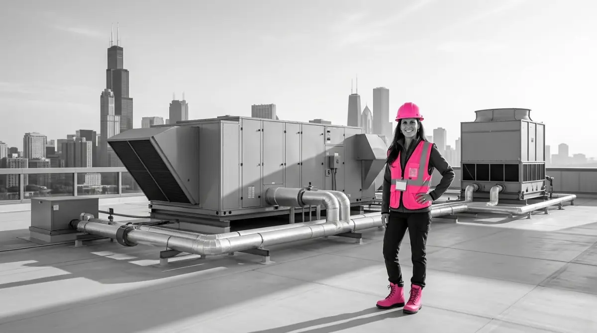 Nikki Liddy, owner and president of Hillco Distributing, in a pink hard hat and pink safety vest on a Chicago rooftop beside commercial air handling units and a cooling tower