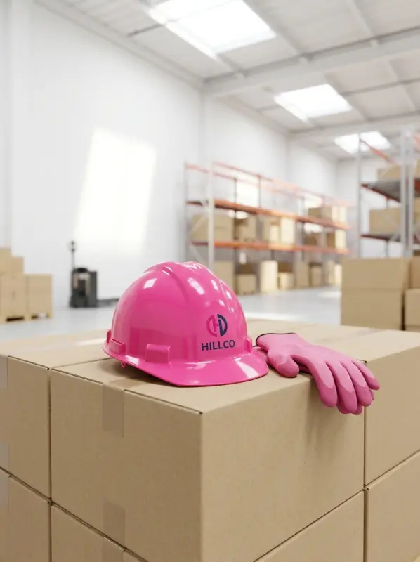 Pink Hillco hard hat and pink work gloves resting on stacked cartons of HVAC equipment in the Hillco Distributing warehouse in Chicago