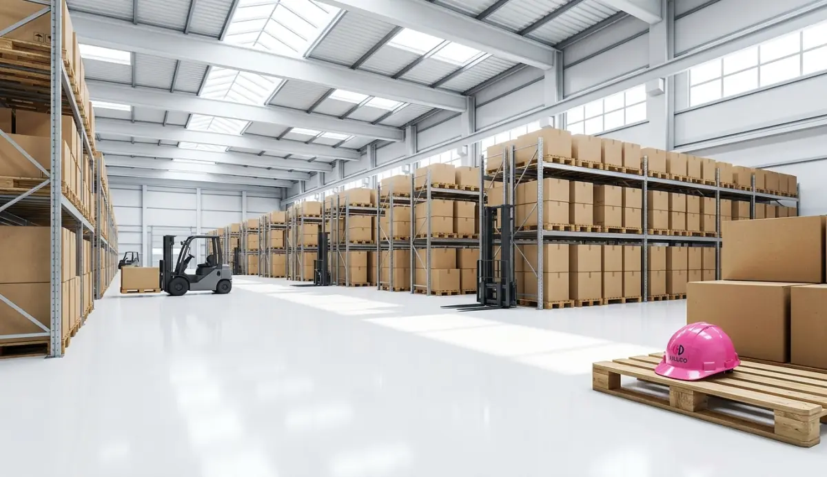Bright warehouse aisles stacked with palletized HVAC equipment and forklifts, with a pink Hillco hard hat on a pallet in the foreground