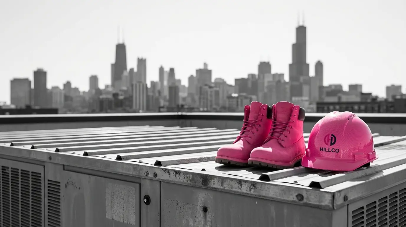 Pink steel-toe work boots and a pink Hillco hard hat sitting on a rooftop air handling unit with the Chicago skyline behind them