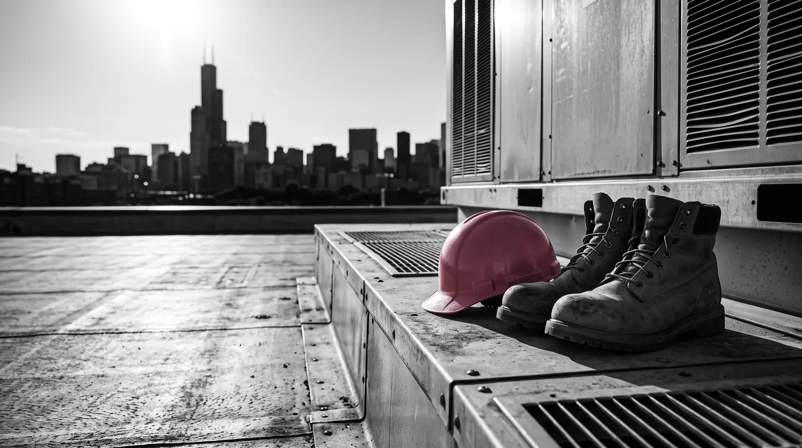 A pink hard hat and pink work boots on a rooftop mechanical deck with commercial air handling units and the Chicago skyline at sunset
