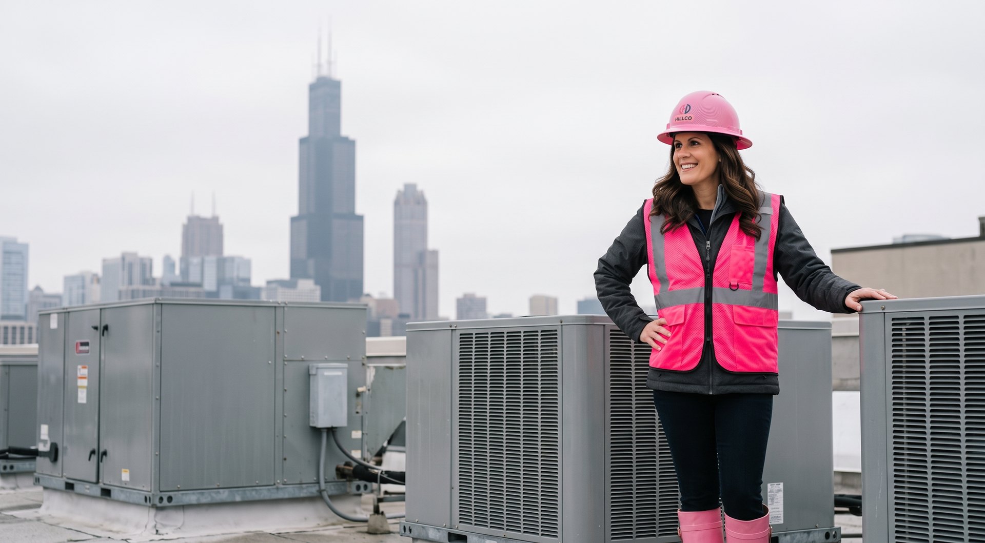 Nikki Liddy, owner of Hillco Distributing, in a pink Hillco hard hat and pink boots beside rooftop HVAC units with the Chicago skyline behind her